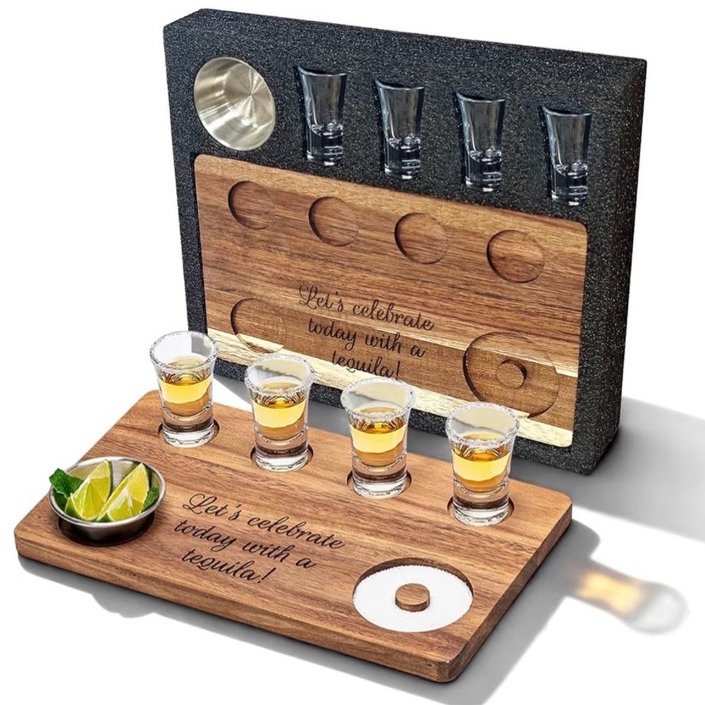 Dual Side Tequila Board w/4 Shot Glasses Acacia Wood Bar Tray Salt Rim Margarita